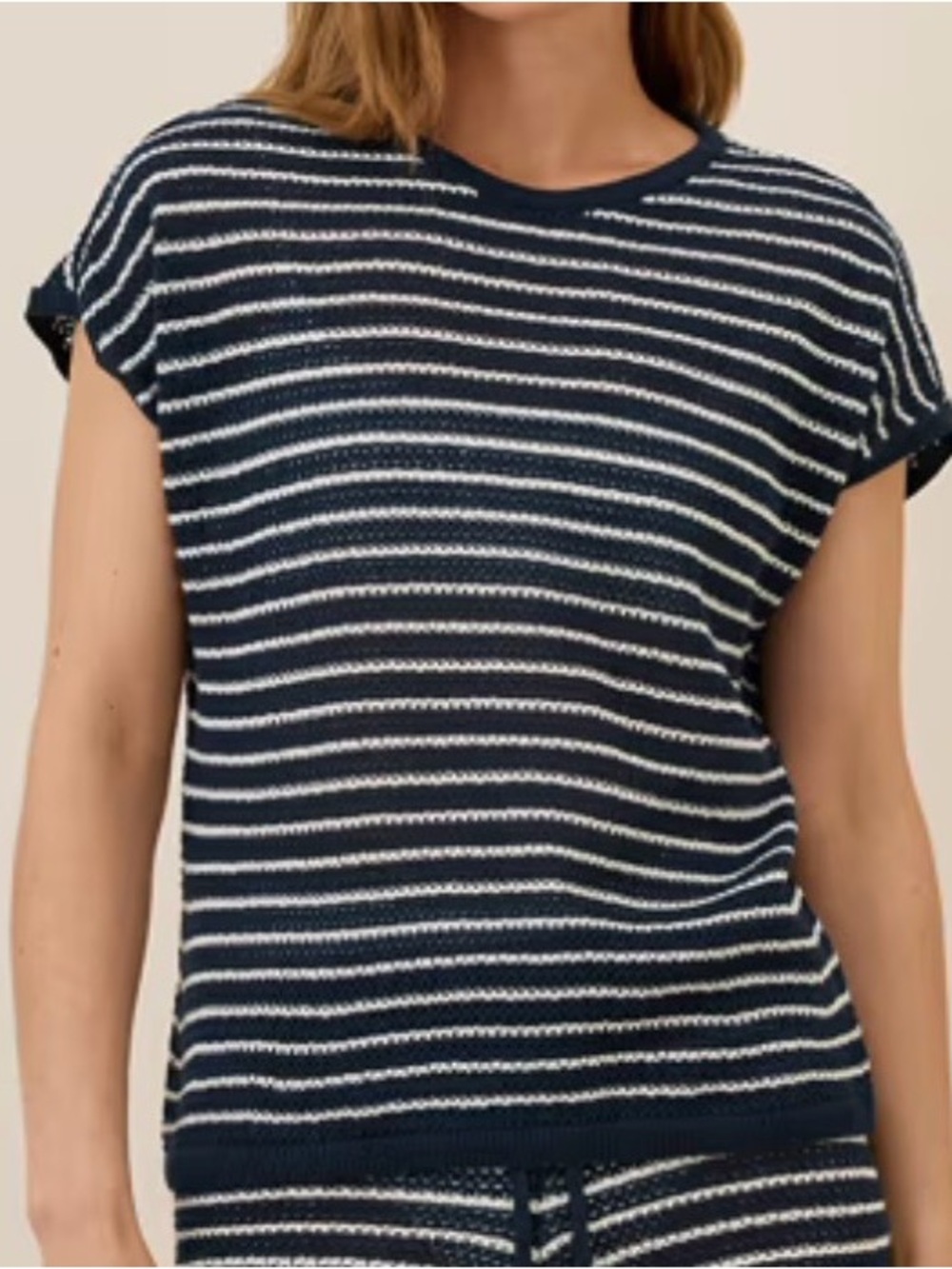 Pact Beachside Crochet Knit Short Sleeve Navy White Striped Top Size XL Coastal